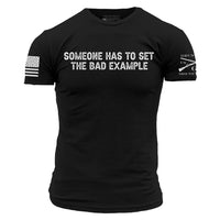Black t-shirt with white graphic design on a white background