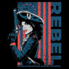 Illustration of a woman holding a gun with an American flag and 'REBEL' text in the background.