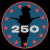 Silhouette of a person with rifles surrounded by red stars on a blue background with '250' text.