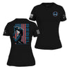 Black t-shirt with graphic designs on front and back, featuring an American flag and a character holding a flag.
