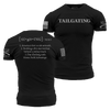 Black short-sleeve T-shirt shown from both front and back on a white background. The front has the word "TAILGATING" printed in white across the chest, and the back has a dictionary-style definition printed in white.
