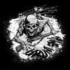Black and white graphic illustration of a skeletal soldier in a helmet holding a rifle, with barbed wire, a cross, and graffiti-style text on a black background.