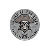 Circular design with skull wearing a pirate hat and text on a white background