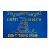Flag with 'Don't Tread on Me' design and text on a blue background