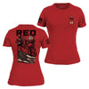 Red t-shirt with military-themed graphics on a white background