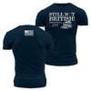 Navy blue t-shirt with 'Still Not British!' text and American flag on front, and graphic design on back.