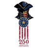 Design with a Revolutionary War era figure, American flag, and '250 Years of Defiance' text on a white background