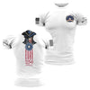 White t-shirt with a graphic design featuring a historical figure and American flag elements on a white background.