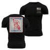 Black t-shirt with front and back designs, including a postage stamp graphic and text.