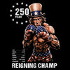 Illustration of Uncle Sam in boxing gloves with American flag design, celebrating 250 years on a black background.