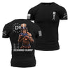 Black t-shirt with graphic design of a muscular figure and text on a white background