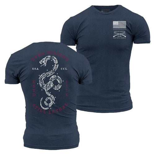 Navy blue t-shirt with anchor design on front and 'Size Matters' text on back, displayed on a white background.