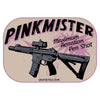 Sticker with a gun graphic and 'Pinkmister' text on a pink and beige background