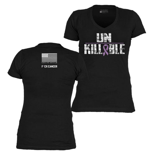 Black t-shirt with 'UNKILLABLE' text and cancer awareness design on a white background