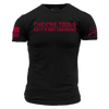Black t-shirt with red text and graphics on a white background