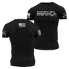 Black t-shirt with white text and graphics on a white background