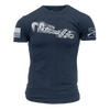 Navy blue t-shirt with white graphic design on a white background