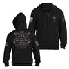 Black zip-up hoodie shown from the front and back on a white background. The front features a front zipper, drawstring hood, kangaroo pockets, a small circular chest graphic, and flag-style sleeve prints.