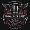 A memorial graphic design on a black background featuring the words 'IN MEMORIAM' and 'FROM ASHES, UNITY,' with wings, the Twin Towers, American flags, laurel branches, and dates '20 26' and 'SEPTEMBER 11, 2001.'.