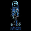 Blue superhero figure with lightning effects and 'Superior Firepower' text on a black background