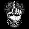 Black and white illustration of a hand giving the middle finger with 'F*ck Ai.' tattoo on a black background