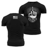 Black t-shirt with graphic design on front and back, featuring an American flag and text.