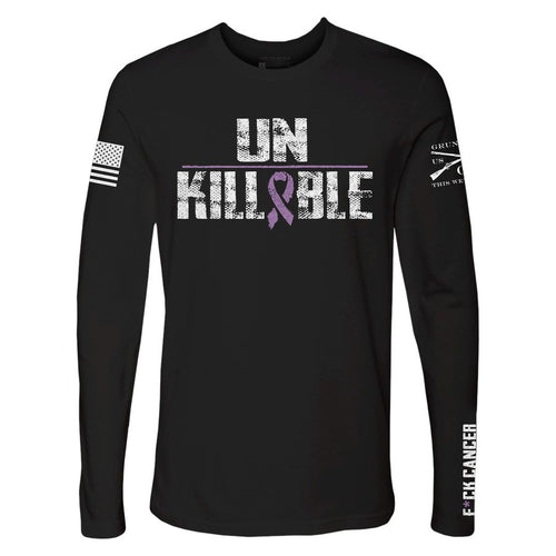 Black long-sleeve shirt with 'UNKILLABLE' text and purple ribbon design on a white background
