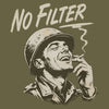 Illustration of a soldier smoking a cigarette with 'No Filter' text on a brown background