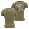 Olive green t-shirt with graphic design and 'No Filter' text on front, American flag on back.