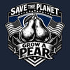 Vintage-style graphic with two pears, American flags, and text 'Save the Planet, Grow a Pear' on a dark background.