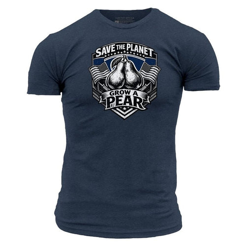 Navy blue t-shirt with 'Save the Planet, Grow a Pear' graphic design on a white background
