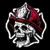 A stylized skull wearing a red firefighter helmet, outlined in white on a black background.