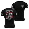 black t-shirt with white graphics and text on a white background