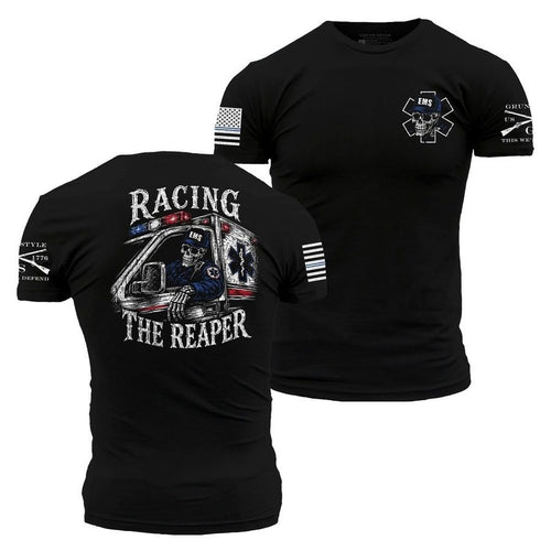 Black t-shirt with white graphic designs on a white background