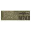 An olive drab green rectangular graphic print featuring a technical schematic of an M249 Squad Automatic Weapon with labeled parts, a rifle silhouette, and large 'M249' text on a white background.