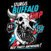 A black graphic print featuring a large white buffalo skull with a motorcycle and two riders inside, surrounded by bold text reading 'STURGIS BUFFALO CHIP,' '45th Anniversary,' 'America's 250th Birthday,' and 'Best Party Anywhere!' in white, blue, and red.