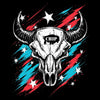A stylized white bull skull graphic with curved horns on a black background, featuring red and blue diagonal brushstroke bands and white stars. The forehead has a black patch with the word "CHIP" in white.