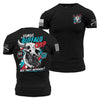 Black short-sleeve graphic T-shirt shown from both front and back on a white background. The front has a small skull-and-crossbones style chest graphic with red, white, and blue details and striped flag motifs on the sleeves.