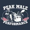 A dark navy graphic print featuring a white distressed illustration of a man relaxing in a folding chair with his feet up on a cooler, surrounded by a grill, lounge chairs with American flags, and the text 'PEAK MALE PERFORMANCE'.