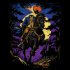 A stylized Halloween graphic showing a skeleton rider in a blue coat on a black horse, with a glowing jack-o'-lantern on the horse's back, set against a purple night sky and full moon.