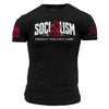 A black short-sleeve t-shirt with a distressed white and red graphic on the front reading 'SOCIALISM' and 'POWERED BY OTHER PEOPLE'S MONEY'. The left sleeve features a red and white American flag graphic, and the right sleeve has red text and graphic details.