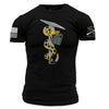 A black short-sleeve t-shirt with a graphic of a yellow and black snake wrapped around a solar panel and camera pole. The right sleeve features a black and white American flag graphic, and the left sleeve has white text reading 'GUNS ARE NOT THIS WEARY'.