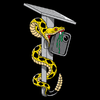 A stylized illustration of a yellow and black snake wrapped around a gray utility pole with a solar panel on top, biting a camera rectangular device, on a solid black background.