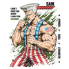 A stylized illustrated muscular man with spiky white hair and a beard, wearing red-and-white striped shorts and blue suspenders with white stars. The background is white with green brushstroke accents, stars, and the words 'SAM', 'POWER', 'SKILL', 'STRENGTH', and a quote about fighting for freedom.