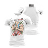 White short-sleeve t-shirt shown from front and back on a light gray background. The front features a large graphic of a muscular comic-style character with red-and-white striped pants, blue suspenders, and text including 'SAM' and 'I DON'T FIGHT FOR HATE, I FIGHT FOR FAITH AND JUSTICE.