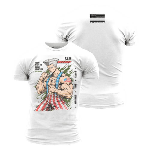White short-sleeve t-shirt shown from front and back on a light gray background. The front features a large graphic of a muscular comic-style character with red-and-white striped pants, blue suspenders, and text including 'SAM' and 'I DON'T FIGHT FOR HATE, I FIGHT FOR FAITH AND JUSTICE.