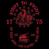 Red emblem with text and an eagle on a black background
