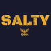 Gold 'SALTY' text with an eagle logo on a black background