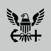 Black logo featuring an eagle with outstretched wings on a gray background