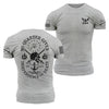Gray t-shirt with military-themed graphics and text on a white background